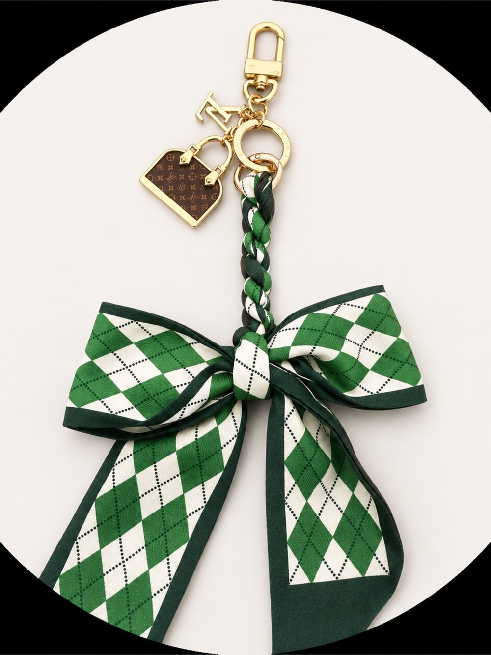 Green Plaid Bow Bag Charm with Gold Tone Handbag Charms - Picture 2 of 2